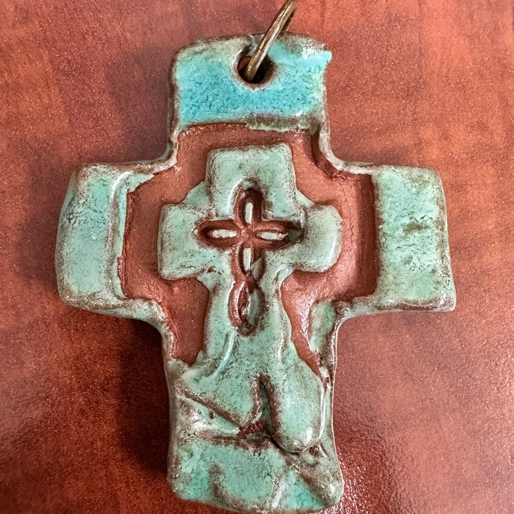 Rustic Turquoise and Brown Ceramic Cross Pendant